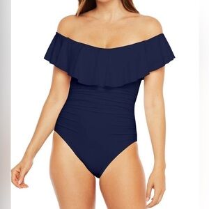 New La Blanca Navy Off Shoulder Ruffled One Piece Swimsuit US 4